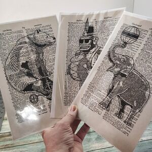 Circus Monkey Bear Elephant Vintage Dictionary Page Decor Eclectic Wall Art Trio